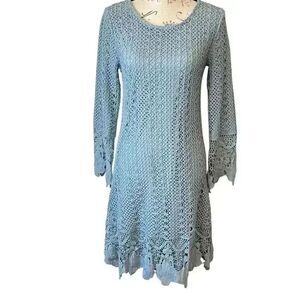 Mikarose Knit Lace Powder Blue Floral Boho MIDI Dress S